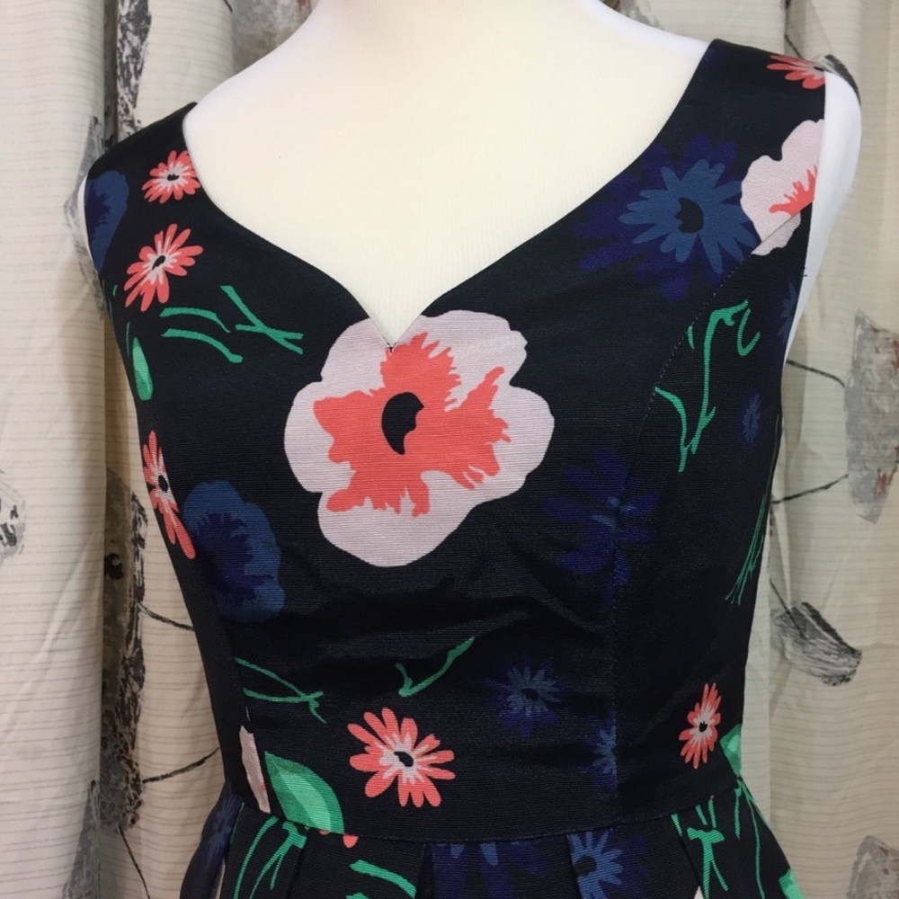 ModCloth - Blue Pink Flowers on Black Fit & Flare Dress with hidden POCKETS! - Picture 7 of 14